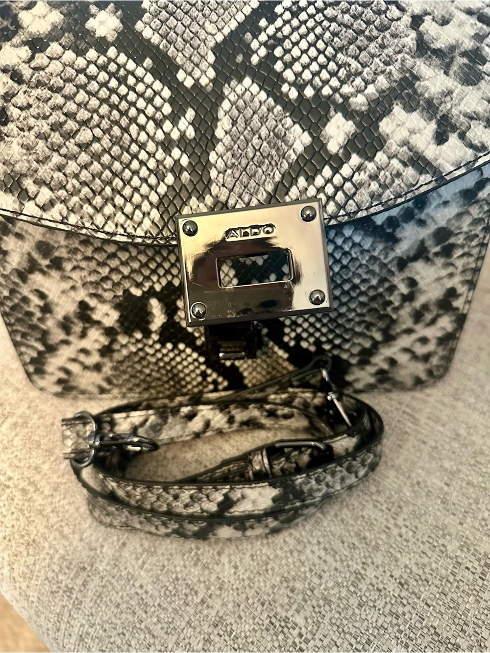 ALDO Black and White Snake-Print Crossbody Bag Top Handle Satchel with Black Pom